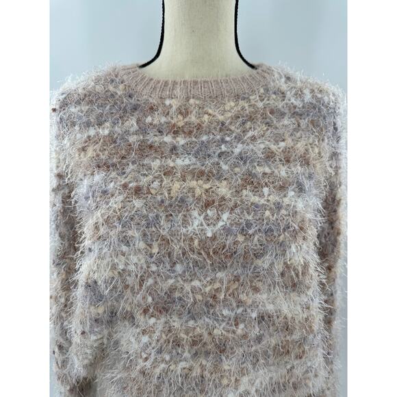 Anthropologie Raga Emberly Beige Pink Fuzzy Eyelash Crewneck Sweater M - Picture 3 of 11